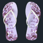 Floral Lilac Flowers Wedding Mother of the Bride Flip Flops<br><div class="desc">Lilacs are the theme of these elegant floral Mother of the Bride wedding flip flops with pink and mauve lilac flowers on a purple background.  The text can be customized for your special occasion.</div>