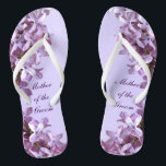 Floral Lilac Flowers Wedding Mother of the Groom Flip Flops<br><div class="desc">Lilacs are the theme of these elegant floral Mother of the Groom wedding flip flops with pink and mauve lilac flowers on a purple background.  The text can be customized for your special occasion.</div>