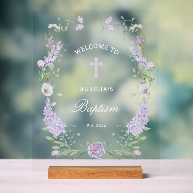 Floral Lilac Frame Baptism Welcome Acrylic Sign (Neutral)