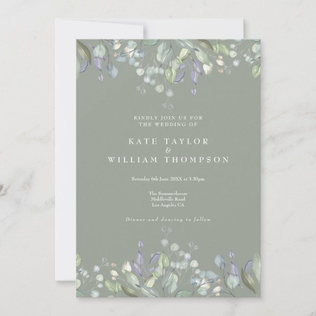 Floral Lilac Greenery Sage Green QR Code Wedding Invitation (Front)