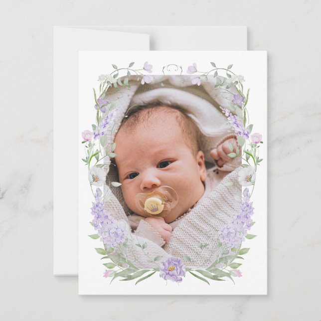 Floral Lilac Lavender Frame Baptism Thank You Card (Front)