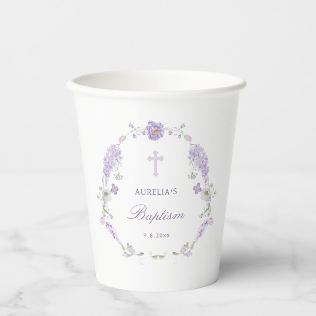 Floral Lilac Lavender Wreath Baptism Paper Cups (Front)