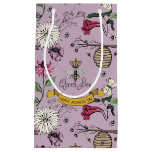 Floral Lilac Queen Bee, Beehive & Flowers Small Gift Bag
