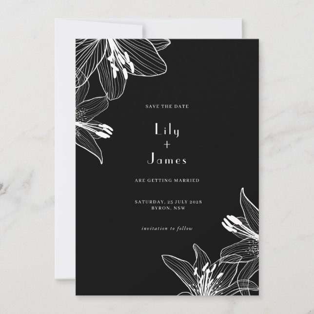 Floral Lilies Black and White Save the Date Invitation (Front)