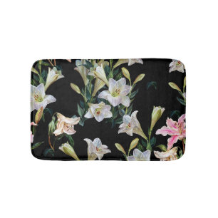Floral lilies: black background painting bath mat