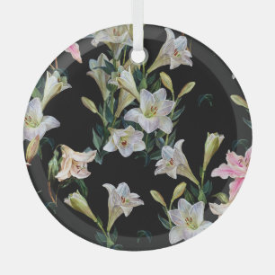 Floral lilies: black background painting glass ornament