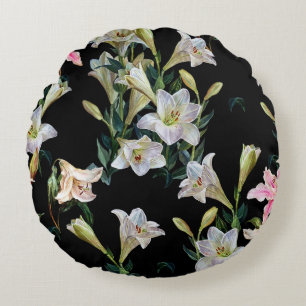 Floral lilies: black background painting round pillow