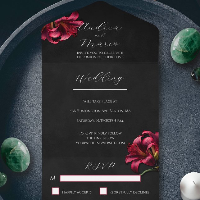Floral Lily Faire-part de mariage gothique foncé (All in One Floral Lilly Gothic Wedding Invitation)