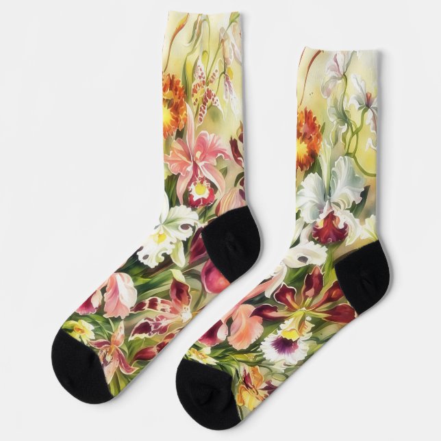 Floral Lily Flowers Vintage Style Art Socks (Left)