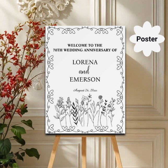 Floral Line Art 70th Wedding Anniversary Welcome Poster (Creator Uploaded)