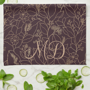 Floral Line Art Botanical Line Art Deep Plum Kitchen Towel