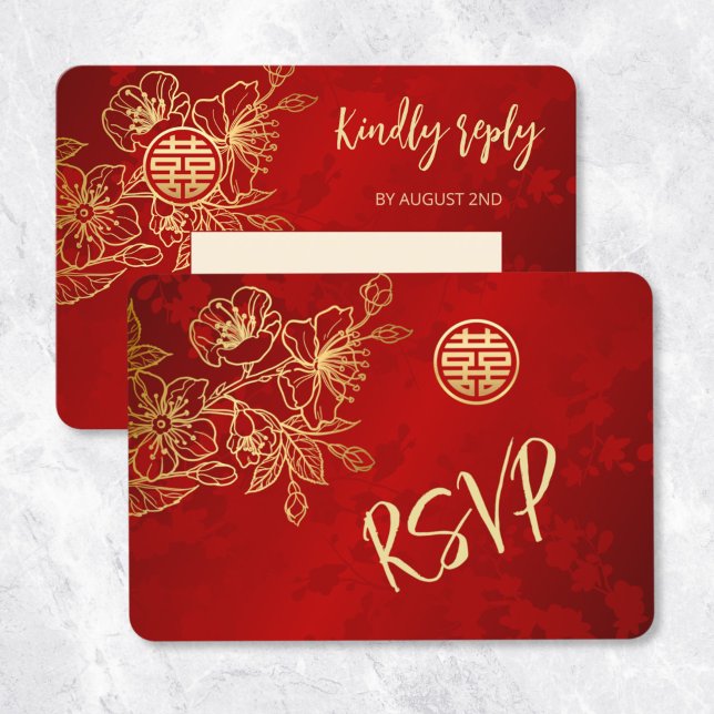 Floral Line Art Chinese Wedding RSVP Invitation (Creator Uploaded)