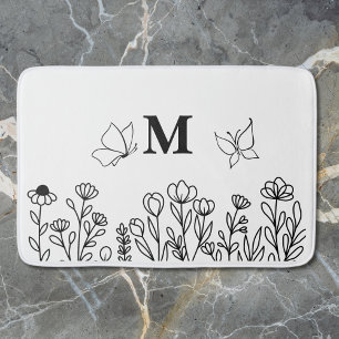 Floral Line Art Custom Monogram  Bath Mat