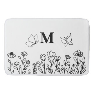 Floral Line Art Custom Monogram Bath Mat