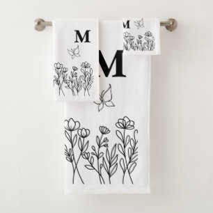 Floral Line Art Custom Monogram  Bath Towel Set