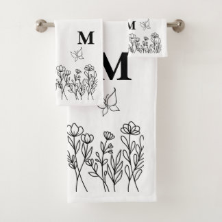 Floral Line Art Custom Monogram Bath Towel Set
