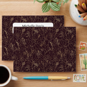 Floral Line Art Deep Plum Purple Elegant Gold Envelope