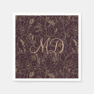 Floral Line Art Elegant Gold Floral Deep Plum Napkin