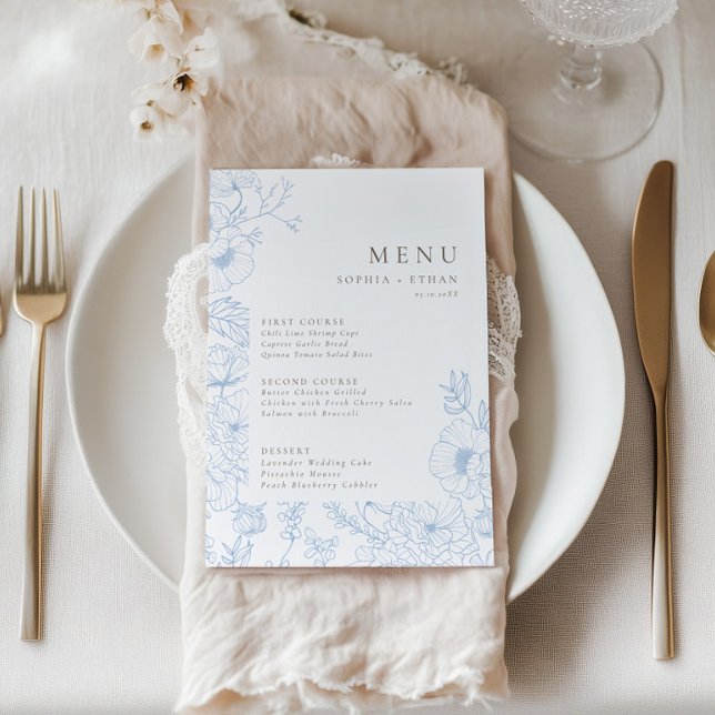 Floral Line Art French Blue Wedding Menu (Creator Uploaded)