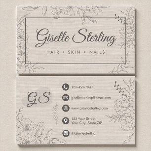 Floral Line Art Linen Elegant Script Business Card