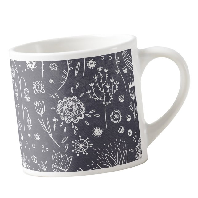 Floral Line Art Monochrome Espresso Cup (Floral line art chalkboard drawing espresso mug)