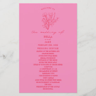 Floral Line Art Rose Red Wedding Programme