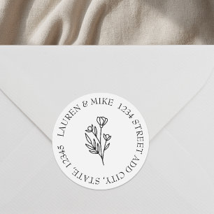 Floral Line Art Round Return Address Classic Round Sticker