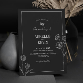 Floral Line Art Rustic Black Elegant Wedding Invitation