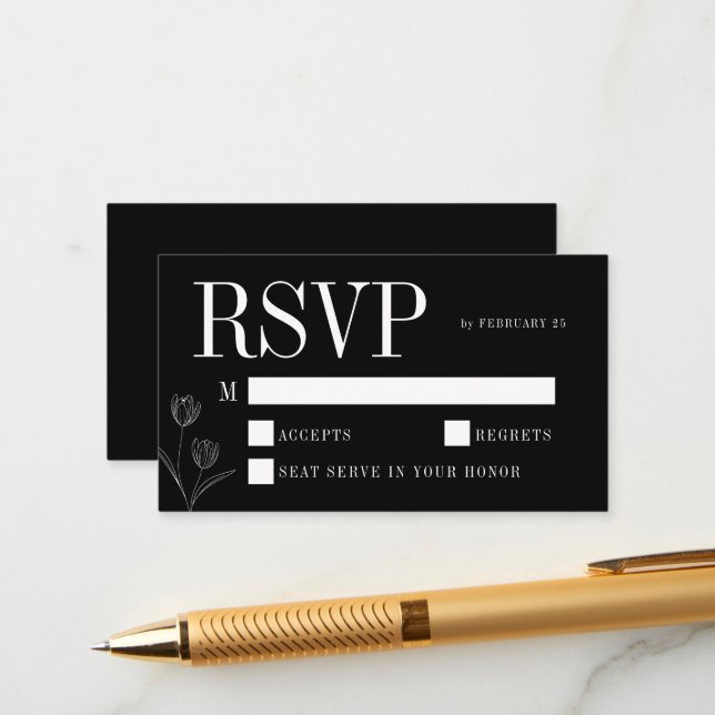 Floral Line Art Rustic Black Elegant Wedding RSVP Enclosure Card (Front/Back In Situ)