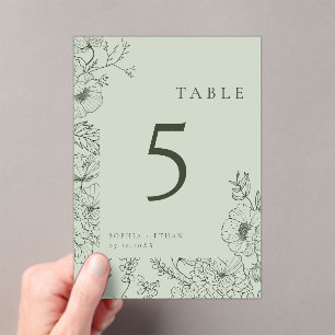 Floral Line Art Sage Green Wedding Table Number