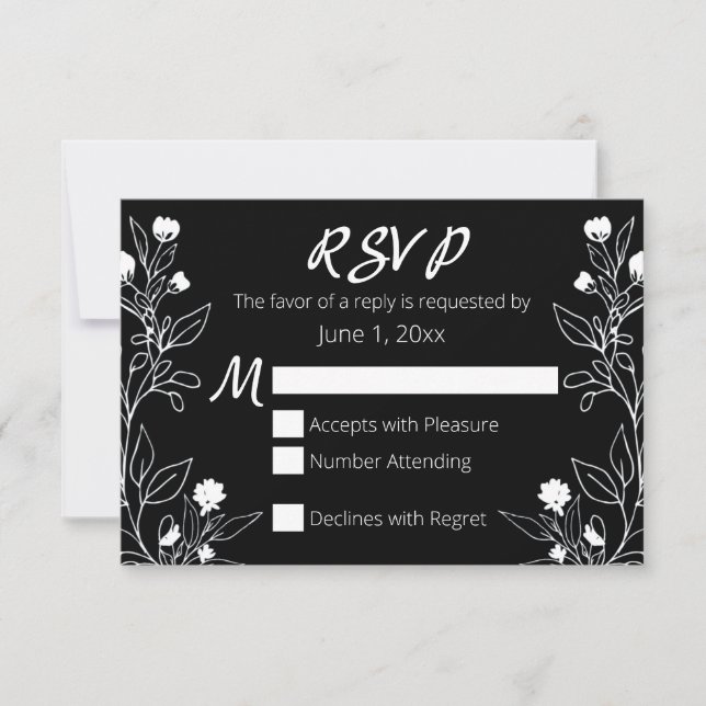 Floral Line Art White and Black RSVP Card (Front)