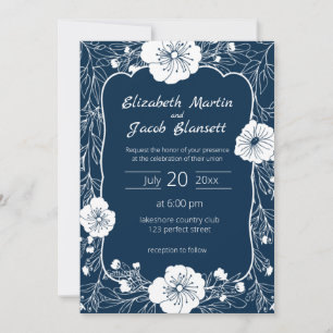 Floral Line Art White and Blue Wedding Invitation