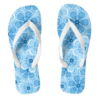 Floral Line Art White N Blue Flip Flops