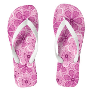 Floral Line Art White N Raspberry Pink Flip Flops