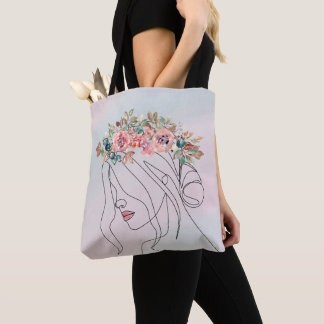 Floral Line Art Woman with Watercolor Flower Crown Tote Bag