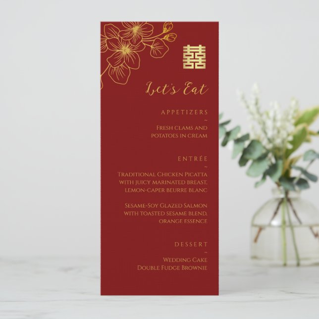 Floral line cherry blossom Chinese wedding red Menu (Standing Front)