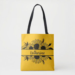 Floral line drawing sunflowers personalized name  tote bag