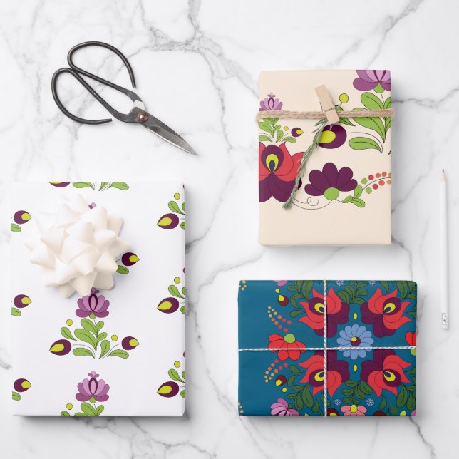Floral Line simple Abstract Folk Hungarian Wrapping Paper Sheet (Front)