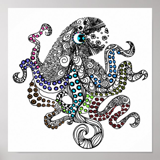 Floral line tangle octopus poster (Front)