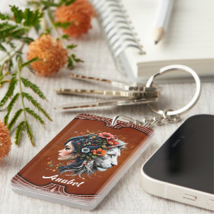 Floral Lion and Woman Portrait Keychain