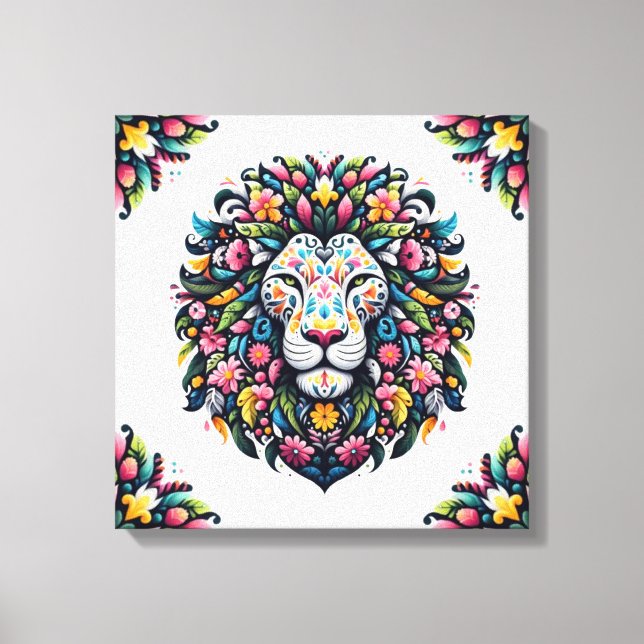 Floral Lion Silhouette Canvas Print (Front)