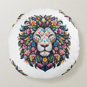 Floral Lion Silhouette Round Pillow