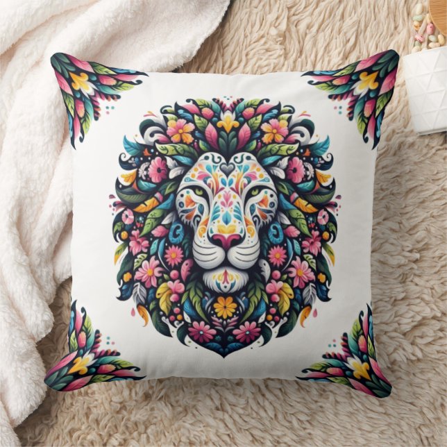 Floral Lion Silhouette Throw Pillow (Blanket)