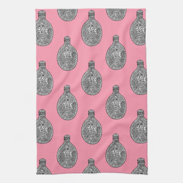Floral Liquor Flask Pattern Rose Pink Towel (Vertical)