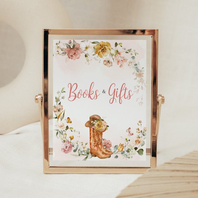 Floral Little Cowgirl Baby Shower Books and Gifts Poster (Cowgirl Wild West Baby Shower Books and Gifts Sign)