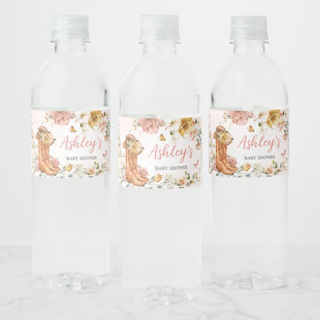 Floral Little Cowgirl Baby Shower  Water Bottle Label (Bottles)