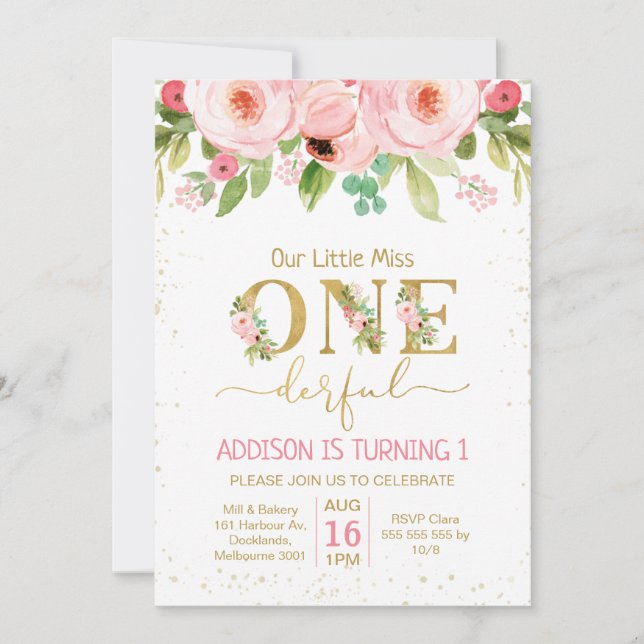 Floral Little Miss Onederday Invitation (Devant)