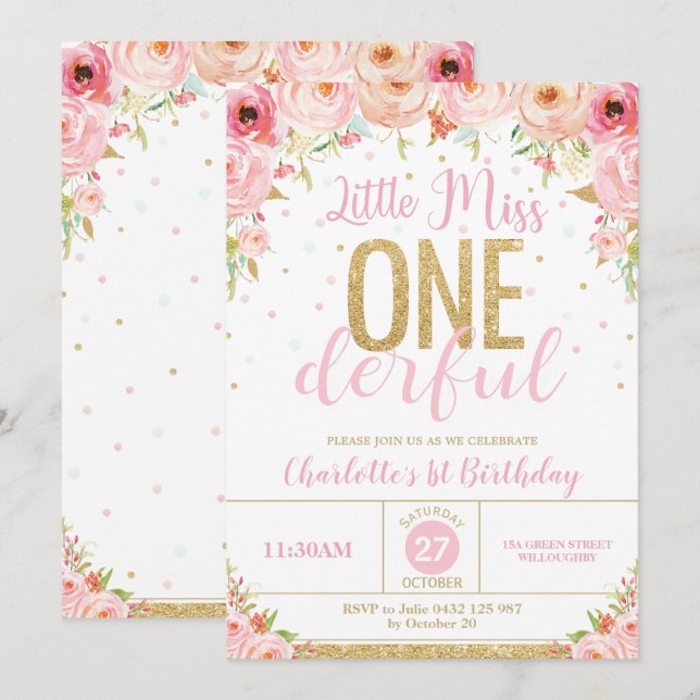 Floral Little Miss Onederful 1st Birthday Gold Invitation (Front/Back)