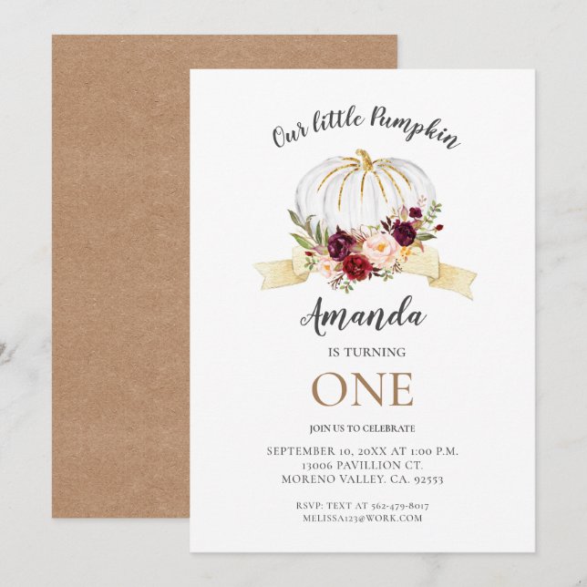 Floral Little Pumpkin is Turning One Birthday Invitation (Front/Back)