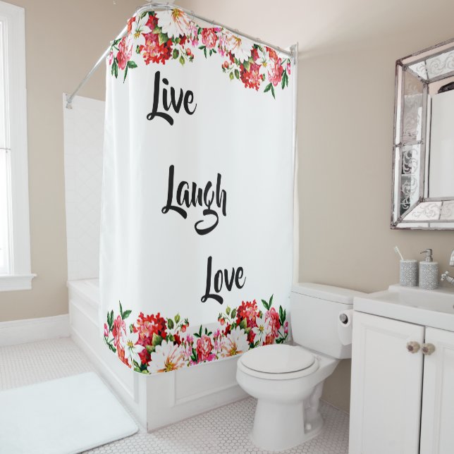 Floral "Live, Laugh, Love" Elégant rideau de douch (En situation)